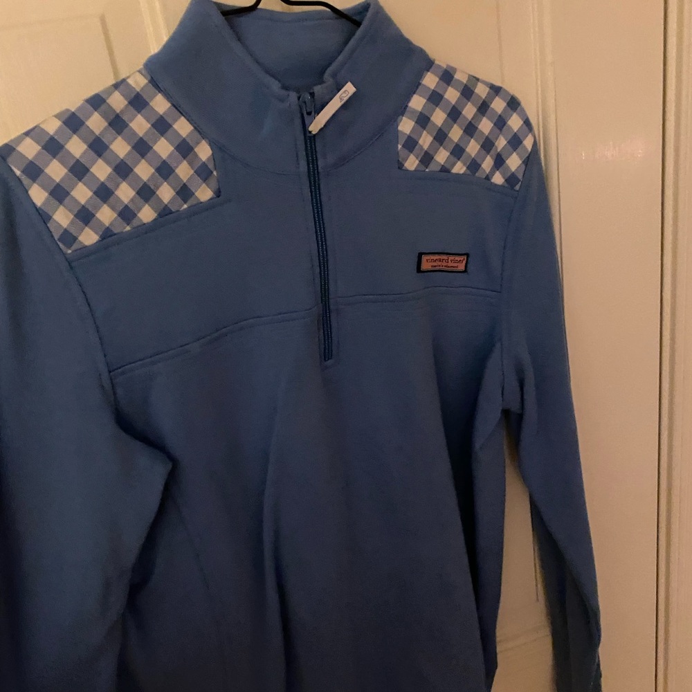 Powder blue gingham shoulder shep shirt